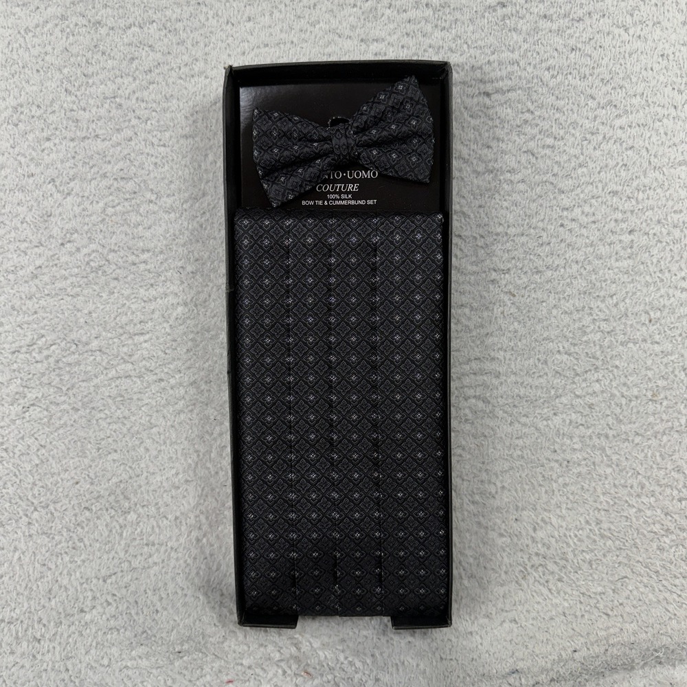 NEW Pronto Uomo 100% Silk Bow Tie & Cummerbund Set Black Gray Geometric NIB